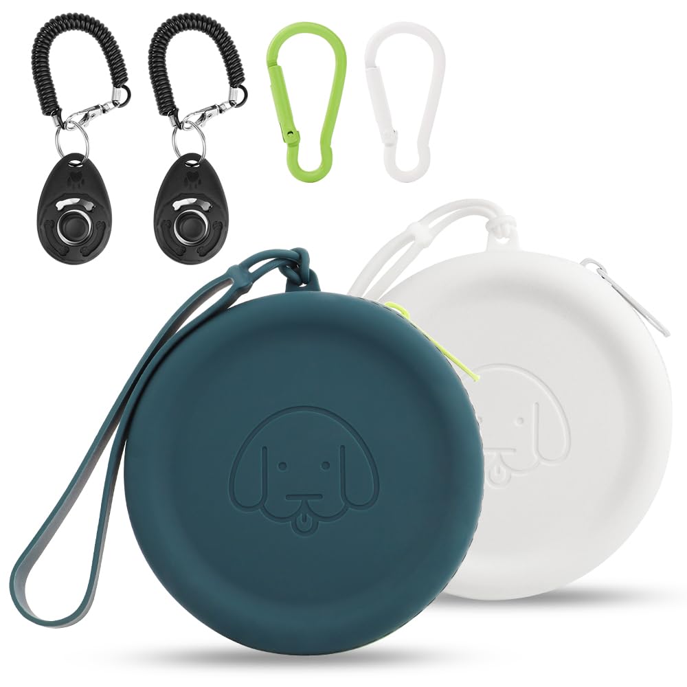 Silicone Dog Treat Pouch Small Bag2PCS Pet Walking Bag for Dog and CatPocket SizeEasy to CleanOdorlessZipper DesignMoisture-proofTravel Walking BagPortable Training Bag(Drak Green&White)